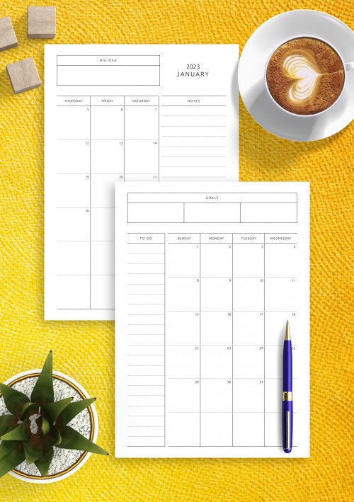 D08 - Simple Monthly Calendar with Notes, To-Do, Goals, Ideas Template
